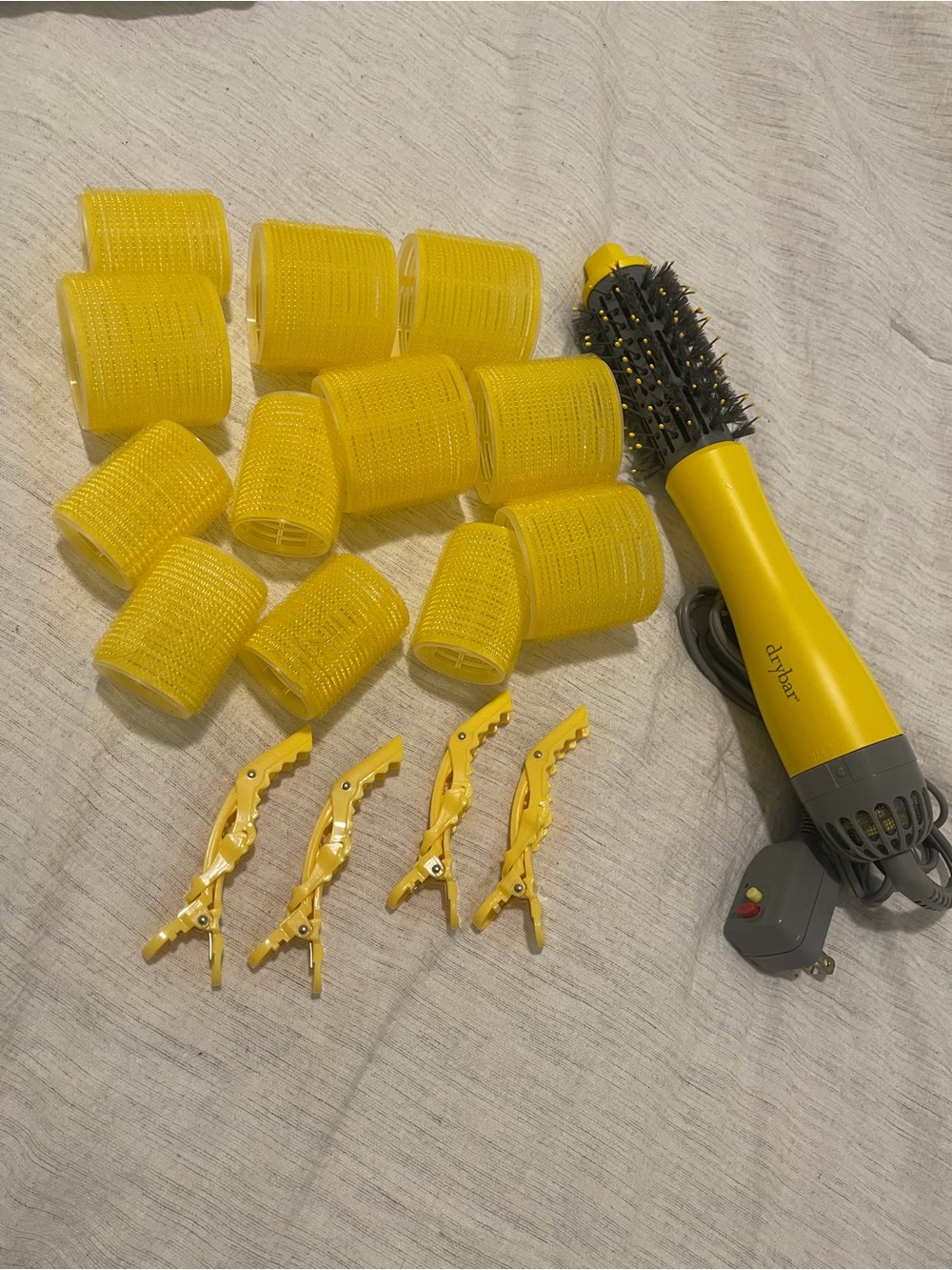 Drybar Yellow Barrel Round Volumizing Hot Brush with accessories
